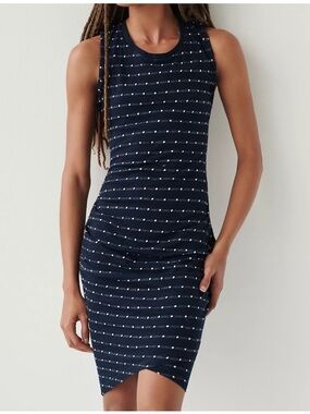 Anthro Saturday Sunday Ruched Tank Dress Navy Dot Mini Size Large
